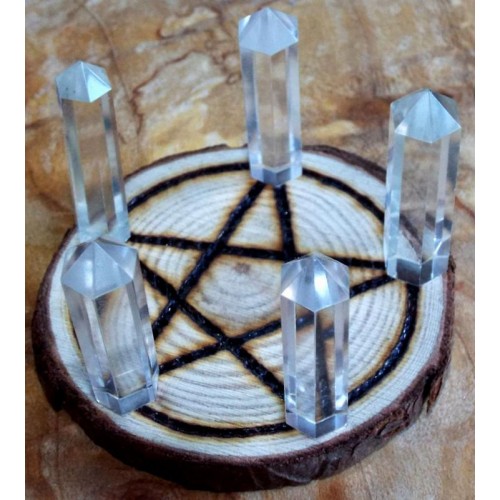 Oak Wooden Pentacle Altar Tile with Five Quartz Points